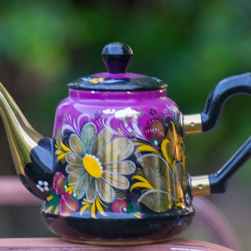 vintage, floral, pink and black tea kettle